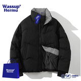 WASSUP HERMU羽绒服男冬季简约潮牌鸭绒外套男女情侣装休闲加厚保暖上衣服冬装 黑色 XL （建议135-155斤）