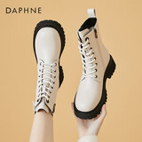 达芙妮马丁靴女厚底新款高跟女靴英伦风短靴皮靴休闲女鞋 米色加绒 35