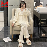 猫人蕾丝花边日系长袖睡衣女春秋季新疆棉纯欲公主风学生休闲家居服秋 F1-1622#杏色 XL 【推荐110-125斤】