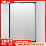 极简不锈钢淋浴房隔断干湿分离浴室推拉门卫生间玻璃门一字型 黑色极简框不锈钢