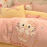 苏萱少女心KT猫牛奶绒床上四件套冬季加厚珊瑚绒被套床单人儿童三件套 天使Kitty猫-桃粉芝士黄 1.5m 床单款 四件套-被套200x230cm