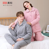 美标三层加厚夹棉纯棉情侣睡衣秋冬新款套装女男士格子全棉保暖家居服 灰紫（三层加厚夹棉） XL