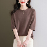 歌米拉（Gemila）中袖T恤女春秋装新款洋气宽松高端七分袖针织衫内搭打底圆领上衣 深驼 L 【110斤-120斤】