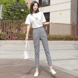 雅黛丝薇 休闲裤女装2022夏季新款韩版气质宽松显瘦小个子时尚休闲套装女格子九分直筒裤子两件装 上衣+裤子 S