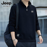 吉普（JEEP） 卫衣男立领宽松大码男装半拉链刺绣打底衫纯色长袖t恤男装春秋潮 黑色 2XL(建议140-160斤)
