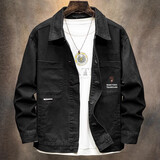 MBA纯棉复古工装夹克男宽松大码春秋薄款日系高端休闲牛仔外套男 黑色 M 码