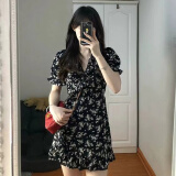 汐菡法式碎花连衣裙新款2024夏季女裙子夏天黑色显瘦女神范气质款短裙 黑色碎花连衣裙