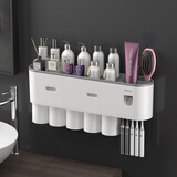 QUNEST双挤牙刷架免打孔浴室置物架牙膏牙杯架卫生间壁挂式磁吸牙缸套装 5杯款灰色+单挤牙膏器+杯贴