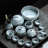 琦轩源  汝窑功夫茶具套装陶瓷家用办公室汝瓷开片泡茶器带茶盘茶壶茶杯公道杯茶漏整套高档送礼 故里汝窑侧把壶系列15件套