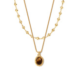 小米星虎眼石项链女毛衣链小众设计感轻奢感简约百搭颈链 虎眼石项链+金属爱心串珠项链