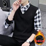 花花公子假两件针织衫男士装秋冬季款打底加绒厚保暖修身毛衣衬衫领上衣服 黑白格【加绒】 2XL