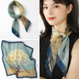 杭丝府真丝丝巾女秋冬保暖围巾金线雪纺中方巾韩版桑蚕丝围脖妈妈生日礼 树 宁静蓝68*68