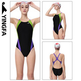 英发（YINGFA） 专业泳衣女士 连体三角游泳衣 显瘦高弹力舒适比赛训练泳装女 976-1绿拼紫 3XL 身高170-175cm/体重60-65kg