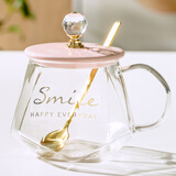 墨凛耐热玻璃杯子少女心马克杯家用办公室带把茶水杯牛奶咖啡杯带盖勺 钻石盖粉色(普通装) 450ml