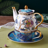 INGRI（英格丽）欧式轻奢高档描金茶壶咖啡杯碟套装客厅家用杯具水具过滤器骨瓷单人子母壶套装 翡翠子母壶-1壶1杯1碟-礼盒装