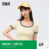 森马（Semir）【多彩T恤合辑】短袖T恤女宽松简约短款字母印花内搭外穿上衣集合 H款复古撞色-淡黄31401 170/92A/XL