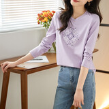 熙世界长袖T恤女2025春季新款民族风复古刺绣百搭宽松圆领体恤衫 紫芒色 L