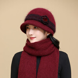 红蜻蜓女士中老年人帽子冬季老人帽毛线妈妈帽冬天奶奶婆婆老太太针织帽 兔毛混纺[帽子+围巾]W2415枣红色