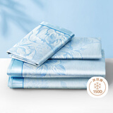 富安娜国风提花 150D 细冰丝席凉席 夏季双人空调席子【防滑可折叠】 细冰丝提花席-清爽夏日 蓝 三件套 200cm*180cm 【1.8米床】