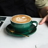 器物集 加厚拉花咖啡杯套装欧式300ml陶瓷美式拿铁杯意式浓缩卡布奇诺杯 哑光墨绿300ml咖啡杯碟