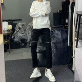 益帛牛仔裤男夏季新款港风膝盖拉链宽松做旧精神小伙修身小脚长裤子男 黑色 XL【建议115-130斤】