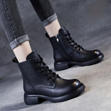 PIPH头层牛皮短靴女2024秋冬新款女鞋平底马丁靴皮鞋加绒棉鞋真皮靴子 黑色【加绒】WZZM233339 37