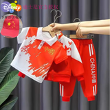 迪士尼（Disney）儿童春款运动装三件套2025新款男女宝宝国潮春秋季时尚中国风套装 红色红旗三件套 外套+裤子+T恤 110 适合身高95-105厘米