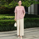 戴妈妈妈妈装套装夏装2025中老年女装新中式50-60岁时尚洋气雪纺小衫t恤 粉色短袖+米色九分裤 3XL 建议115-130斤