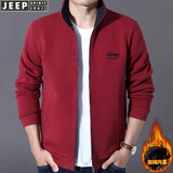 JEEP夹克男外套纯棉春秋季新款男装宽松大码开衫卫衣休闲立领男士上衣 红色加绒 L (建议体重130-150斤)