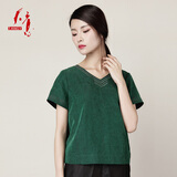 天意TANGY/天意夏季新品设计师V领绣花线设计复古国潮风莨绸短袖T恤 7400莨原野绿 2XL