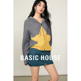 Basic House/百家好5折撞色星星连帽毛衣冬季洋气绵羊毛短款开衫外套 浅灰 M