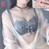 KJ法国性感蕾丝无钢圈内衣套装少女士文胸小胸上托聚拢防下垂胸罩圈 灰色 80A=36A(配L码内裤)