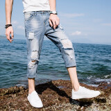 浩术 夏季牛仔短裤男士修身七分裤潮流夏天薄款宽松破洞乞丐7分裤马裤 浅蓝色 L 裤腰带松紧请慎拍