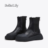 Bella Lily靴子女士短靴切尔西靴黑色牛皮冬季洋气后拉链 黑色（皮里鞋垫） 35