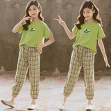 纯贝兔（CHUNBEITU）童装女童夏装套装新款儿童韩版短袖T恤中大童防蚊裤套裙两件套潮 牛油果上衣+裤子 140 建议身高135cm左右