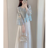 艾珠儿（Aizhuer）新中式连衣裙夏季国风汉元素复古刺绣小个子高级感气质套装裙子女 蓝色上衣+裙子 M