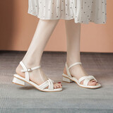 ZHR凉鞋女简约纯色一字带粗跟女鞋摩登方头优雅鞋子女 Y700 米色 35 