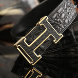 尊爵狼真鳄鱼皮带男真皮礼盒无头平滑扣针扣泰国腰带不带头送父亲男朋友 H皮扣金色+鳄鱼骨皮黑色 115cm