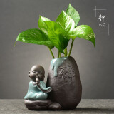 桌面摆件陶瓷 禅意小和尚茶宠摆件创意绿萝水培植物小花器办公桌装饰摆件水培花瓶 哥窑花器静心