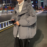蒂卡登棉衣男港风冬季加绒加厚棉服男潮流宽松羽面包绒服棉袄连帽外套 灰色 L 建议(115-135斤)