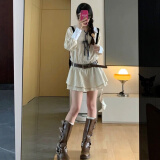 尔山集长袖连衣裙女秋冬v领衬衫裙2024新款美式短裙 条纹v领长袖连衣裙米白L码