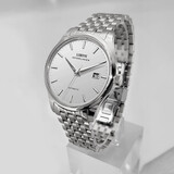 罗宾尼（LOBINNI）手表男全自动机械表男纤薄商务休闲皮带防水瑞士风格腕表12026 银壳白面钢带 | 超薄机芯