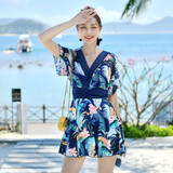 黛岱连体裙式泳衣女显瘦保守遮肚沙滩温泉平角大码胖mm中老年妈妈泳装 2960藏蓝花 3XL (高164-170cm，135-150斤)