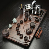 树彬陶瓷功夫茶具套装家用简约办公室会客厅懒人全自动泡茶杯实木茶盘 平步青云+紫砂茶具 配双桶