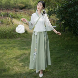 景华年春夏改良汉服新中式女装国风复古刺绣斜襟上衣裙子班级茶艺服套装 绿色上衣+绿色裙子 M (建议90-105斤)