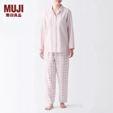 无印良品（MUJI） 女式 无侧缝双层纱织睡衣女士家居服春秋纯棉条纹格纹长袖 浅粉红色格纹 S(上装155/80A下装155/62A)