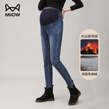 猫人（MiiOW）孕妇裤春夏牛仔裤大码阔腿裤夏季外穿直筒裤托腹裤孕妇装 1069深蓝色-火山岩【加绒款】 M
