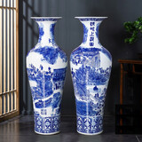 垚罄 景德镇陶瓷器手绘青花瓷大花瓶客厅1米客厅落地电视柜大号花瓶 清明上河图 1.3米 单个 配原装底座