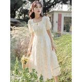 FOX.G碎花连衣裙女士裙子夏天女装2025夏季新款少女感纯欲新品衣服长裙 韩版仙女泡泡袖碎花长裙 L 【建议110-120斤】