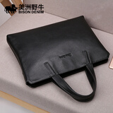 美洲野牛 公文包男商务包真皮男士手提包男包头层牛皮电脑包休闲包包礼物 黑色-升级款（15.6寸） 横款14英寸